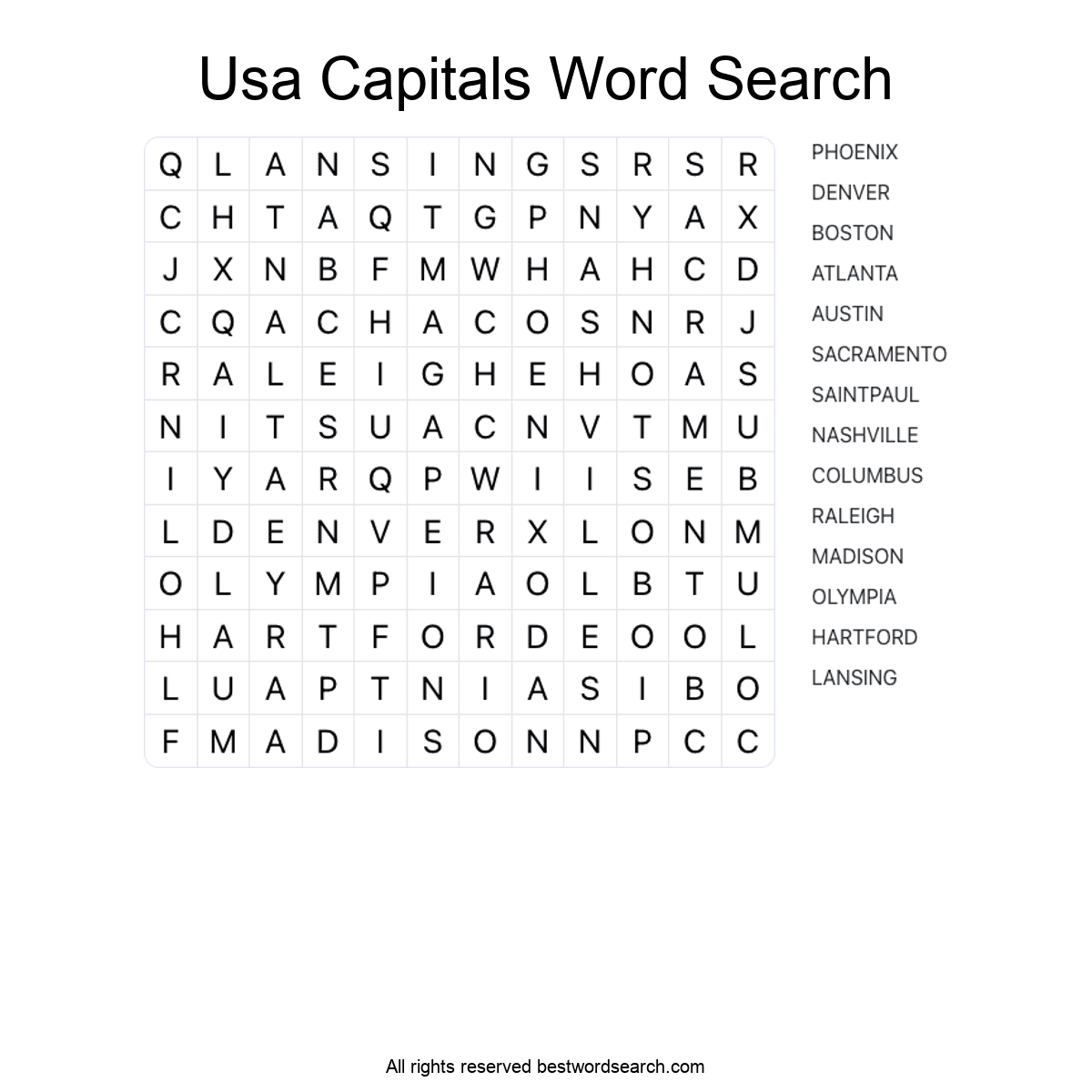 USA CAPITALS (US STATES) Word Search Puzzle